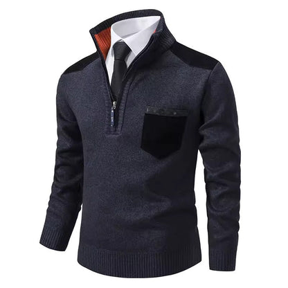 Pull homme – Coupe régulière – Laine – Demi-zip – Poche poitrine – Épaules contrastées