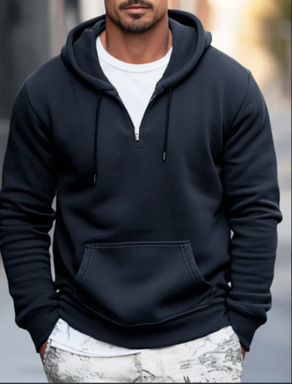 Sweat à capuche homme – Coupe décontractée – Coton – Zip quart – Poche kangourou