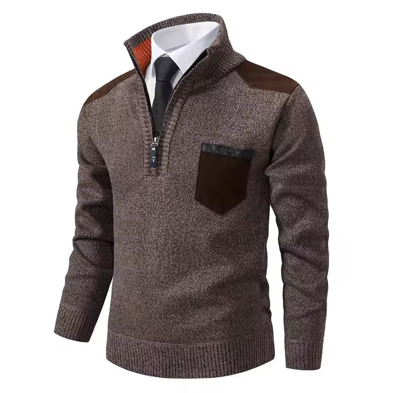 Pull homme – Coupe régulière – Laine – Demi-zip – Poche poitrine – Épaules contrastées