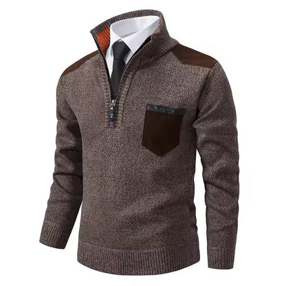 Pull homme – Coupe régulière – Laine – Demi-zip – Poche poitrine – Épaules contrastées