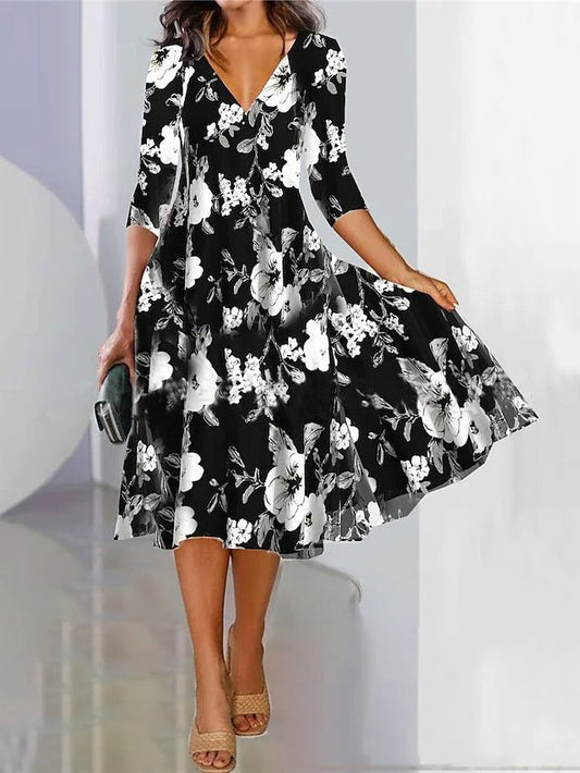 Robe midi femme – Coupe évasée – Décolleté en V – Manches trois-quarts – Tissu respirant
