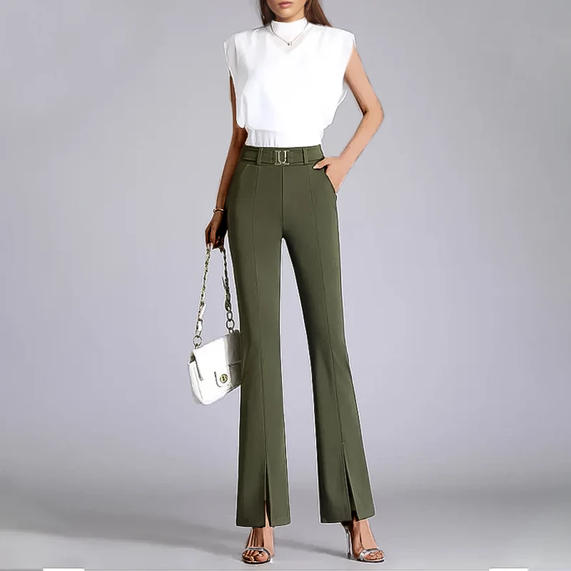Femme Pantalon - Tissu Tissé Extensible - Taille Haute - Coupe Slim Évasée