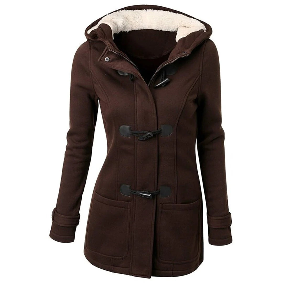 Manteau long femme – Laine mélangée – Coupe cintrée – Capuche – Fermeture brandebourg