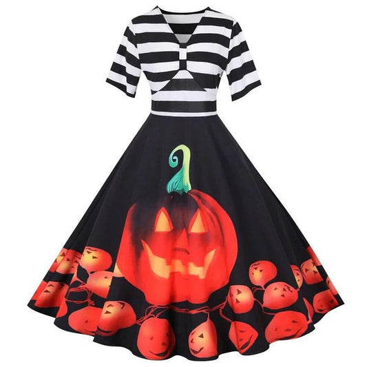 Robe midi femme – Coupe évasée fluide – Décolleté ajouré – Haut à rayures – Jupe imprimée