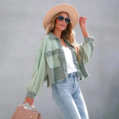 Veste femme – Coupe décontractée – Maille gaufrée – Manches ballon – Ourlet à franges