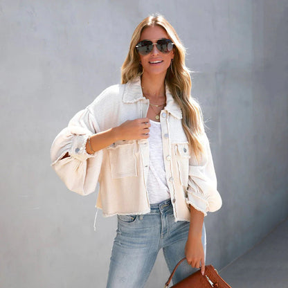 Veste femme – Coupe décontractée – Maille gaufrée – Manches ballon – Ourlet à franges