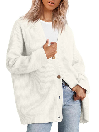 Cardigan femme – Coupe oversize – Maille côtelée – Boutonnage devant – Col V