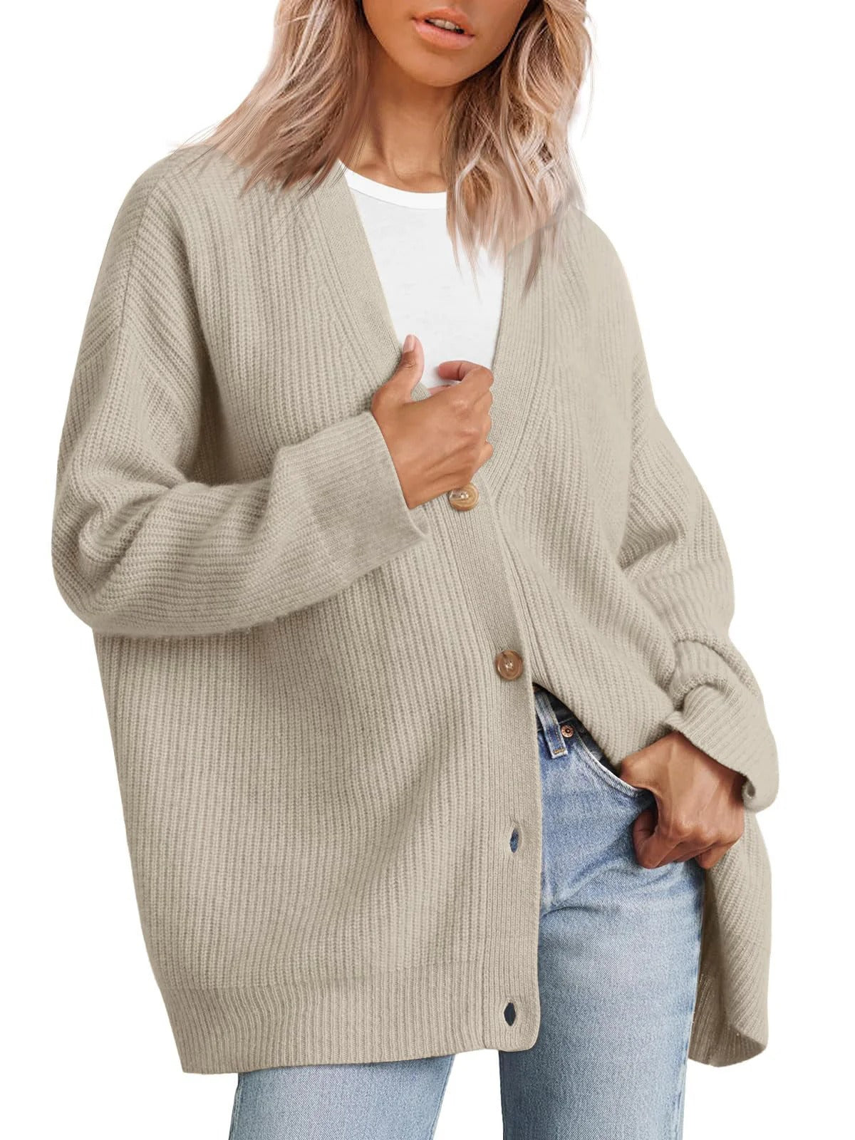 Cardigan femme – Coupe oversize – Maille côtelée – Boutonnage devant – Col V