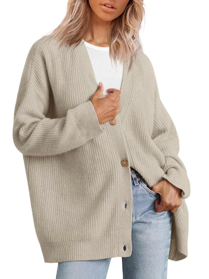 Cardigan femme – Coupe oversize – Maille côtelée – Boutonnage devant – Col V