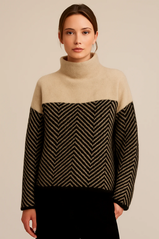 Sweat-shirt femme col montant – Laine – Coupe ample – Motif chevron – Longueur hanches – Manches longues