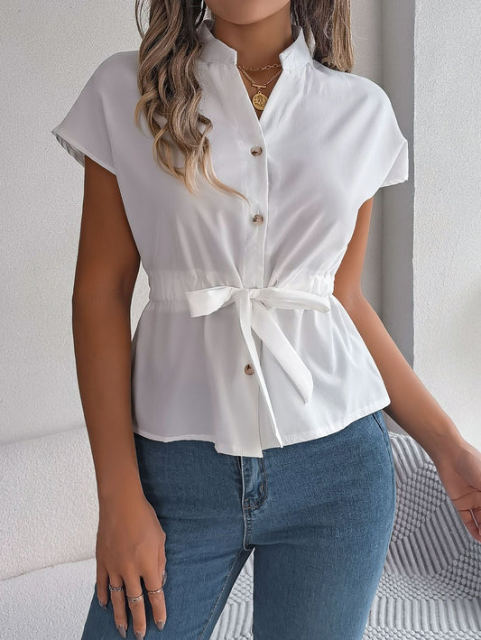 Chemise femme à manches courtes – Col V – Coupe décontractée – Ceinture taille – Boutonnée