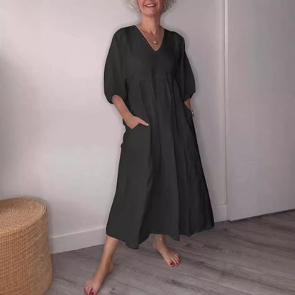 Robe midi femme – Lin et coton – Coupe ample – Col V profond – Manches retroussées – Poches