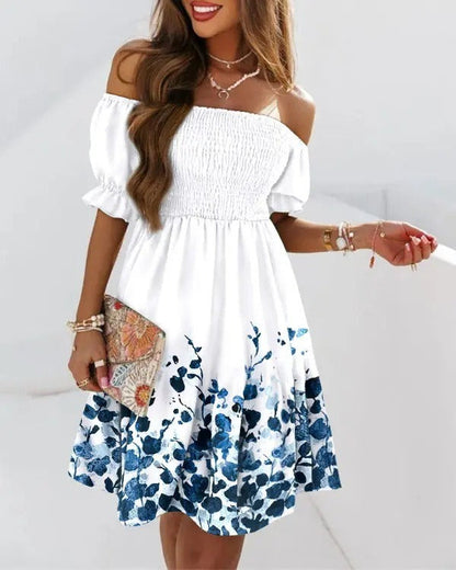 Robe midi femme – Une épaule – Coupe évasée – Taille plissée – Imprimé élégant