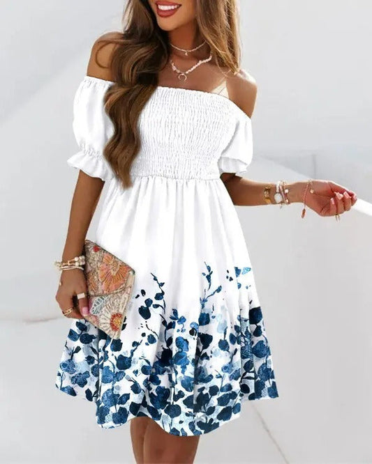 Robe midi femme – Une épaule – Coupe évasée – Taille plissée – Imprimé élégant