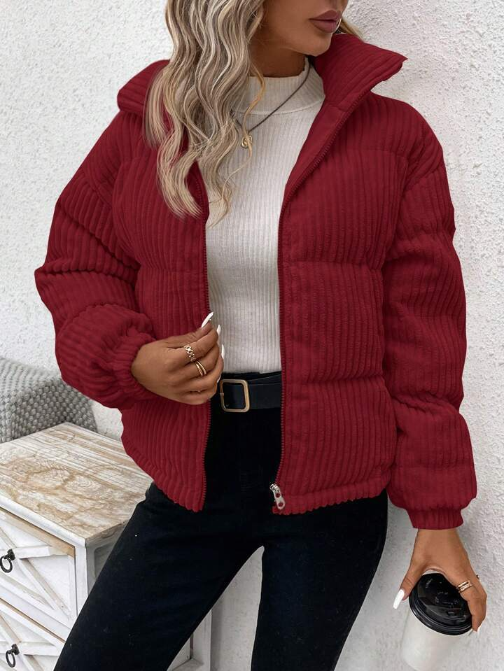 Veste femme matelassée – Velours côtelé – Coupe décontractée – Col montant zippé