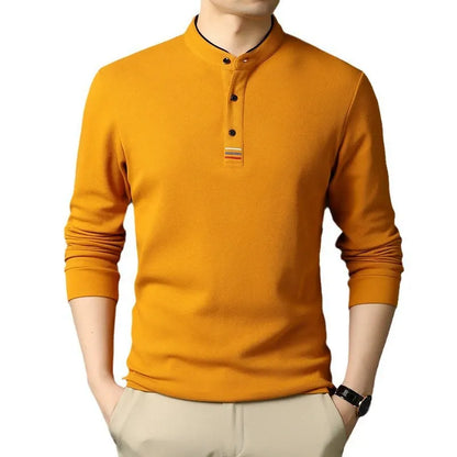 T-shirt manches longues homme – Coton – Coupe régulière – Col montant – Patte boutonnée