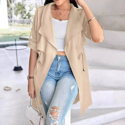 Manteau trench femme – Coupe décontractée – Taille ajustable – Manches retroussées – Longueur mi-cuisse