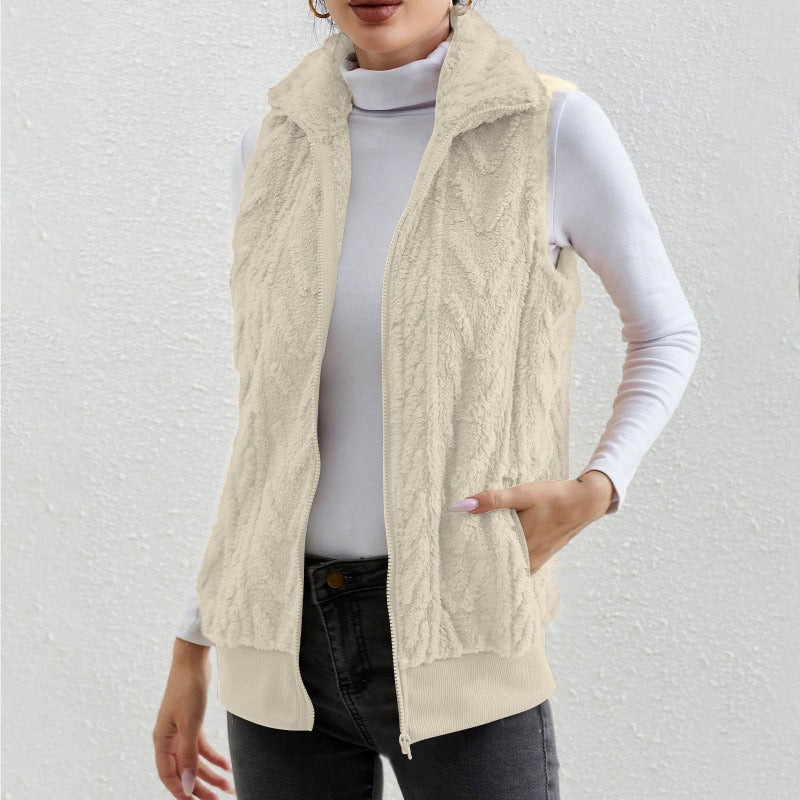 Gilet sans manches femme – Fleece jacquard – Coupe décontractée – Col montant zippé