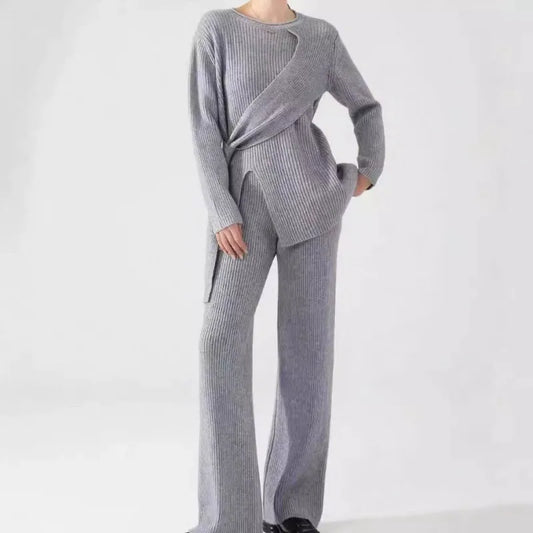 Ensemble Femme Deux Pièces – Tricot Côtelé – Coupe Décontractée – Pull Asymétrique