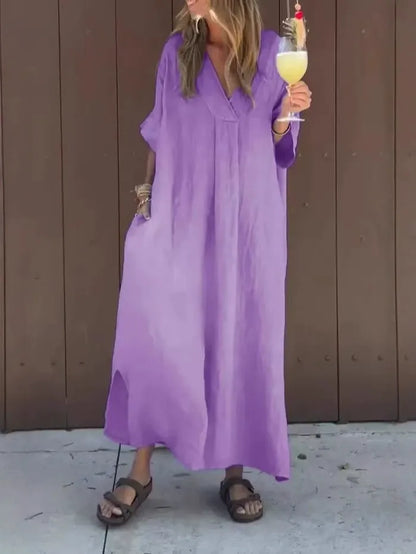 Robe longue femme – Coton léger – Coupe ample – Manches courtes – Col en V
