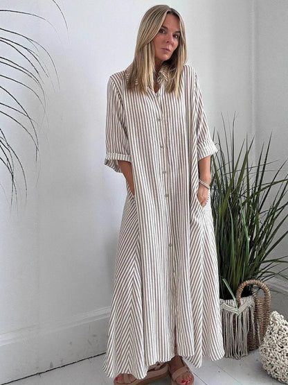 Robe longue femme – Coton – Coupe ample – Rayures – Col à revers – Manches 3/4