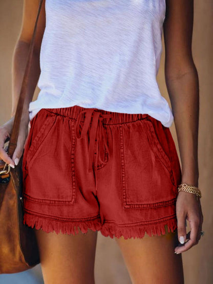 Short en jean femme – Coupe décontractée – Taille élastique avec cordon – Ourlet effiloché