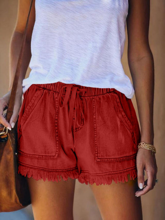 Short en jean femme – Coupe décontractée – Taille élastique avec cordon – Ourlet effiloché