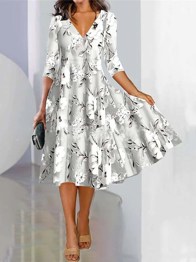 Robe midi femme – Coupe évasée – Décolleté en V – Manches trois-quarts – Tissu respirant