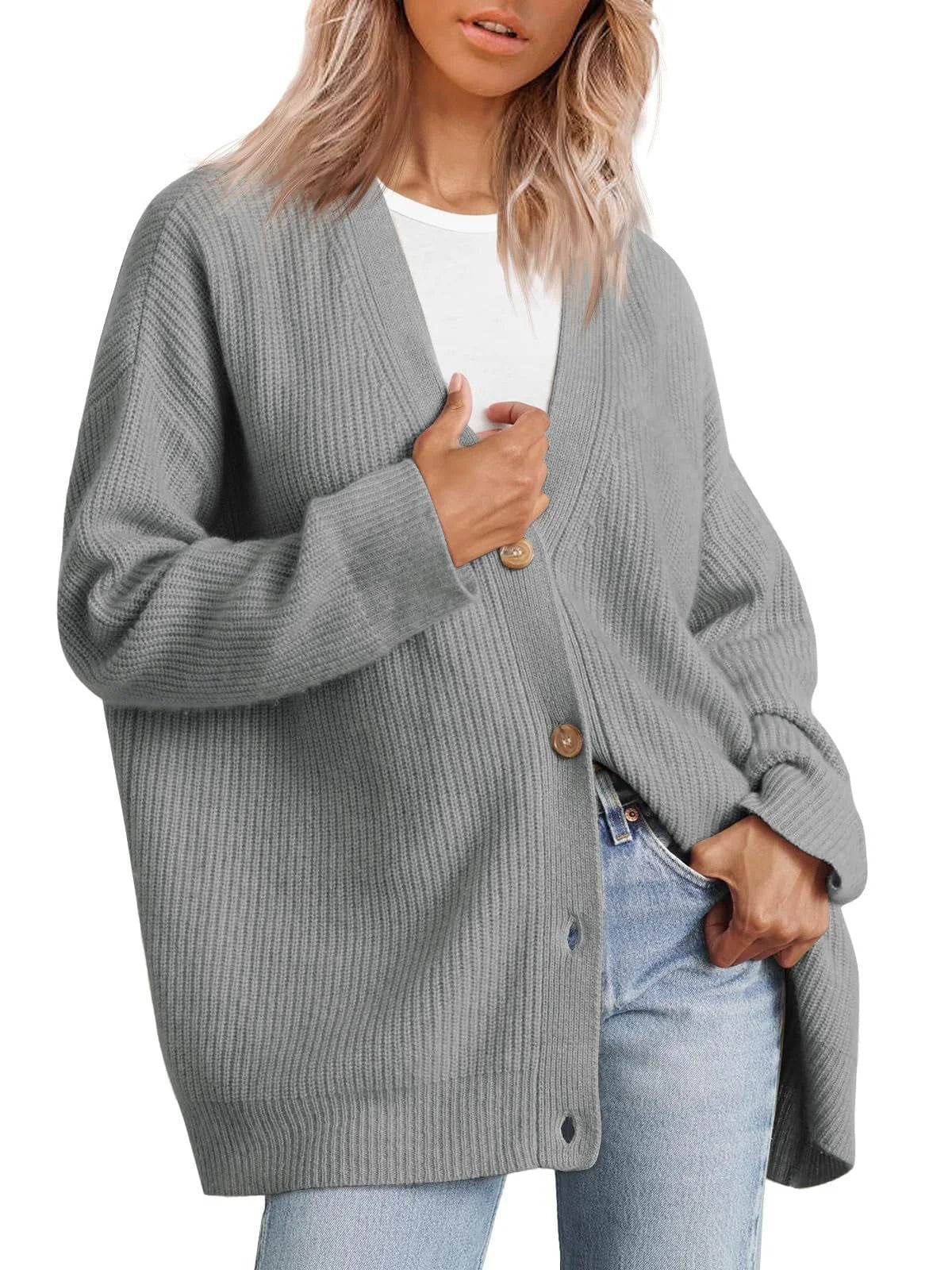 Cardigan femme – Coupe oversize – Maille côtelée – Boutonnage devant – Col V