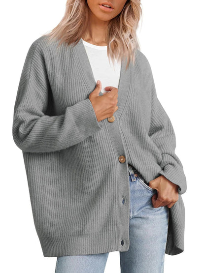 Cardigan femme – Coupe oversize – Maille côtelée – Boutonnage devant – Col V