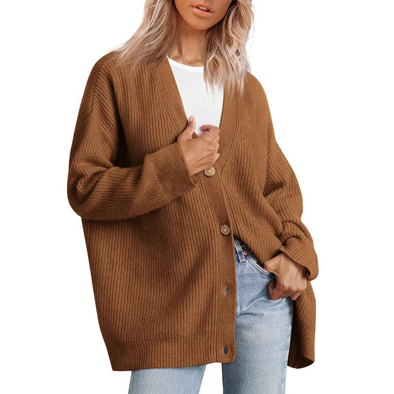 Cardigan femme – Coupe oversize – Maille côtelée – Boutonnage devant – Col V