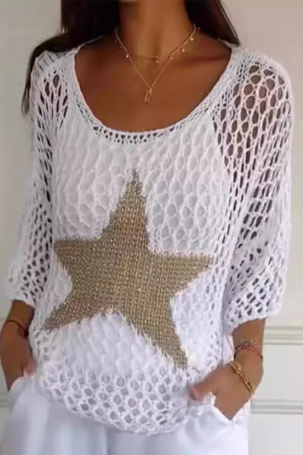 Pull femme – Maille ajourée légère – Coupe ample – Détail étoile avant