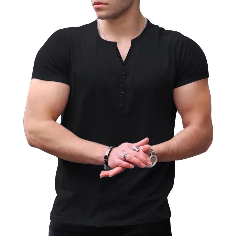 T-shirt Henley homme – Coupe slim – Manches courtes – Maille douce respirante