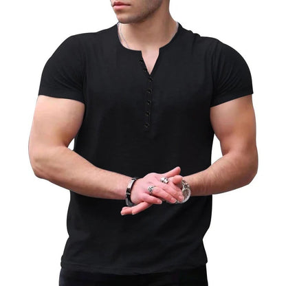 T-shirt Henley homme – Coupe slim – Manches courtes – Maille douce respirante