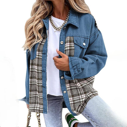 Veste femme – Coupe décontractée – Détails à carreaux – Fermeture boutonnée – Longueur hanches