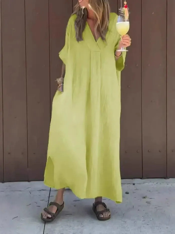 Robe longue femme – Coton léger – Coupe ample – Manches courtes – Col en V
