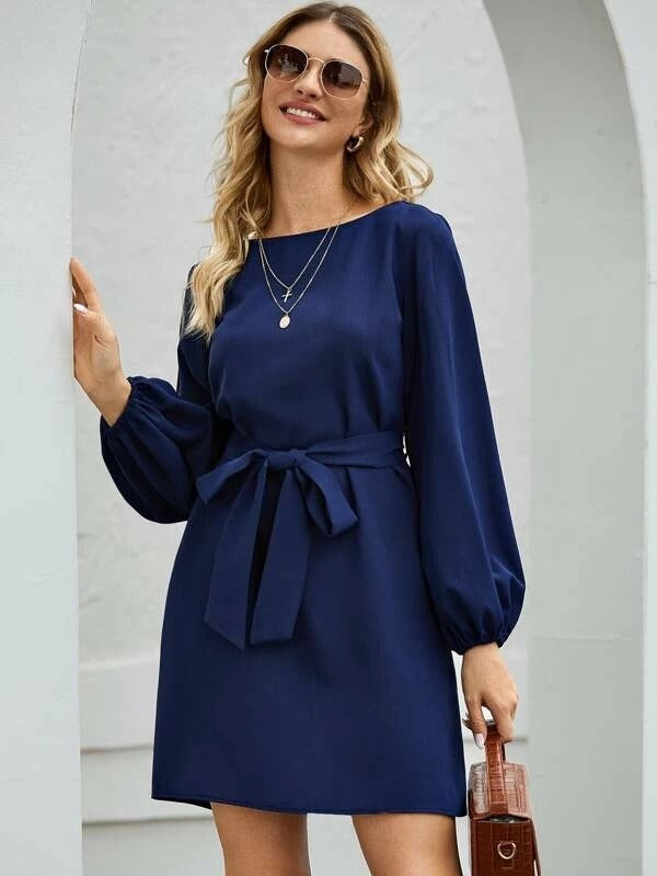 Robe midi femme – Coupe slim – Manches bouffantes – Taille ceinturée élégante