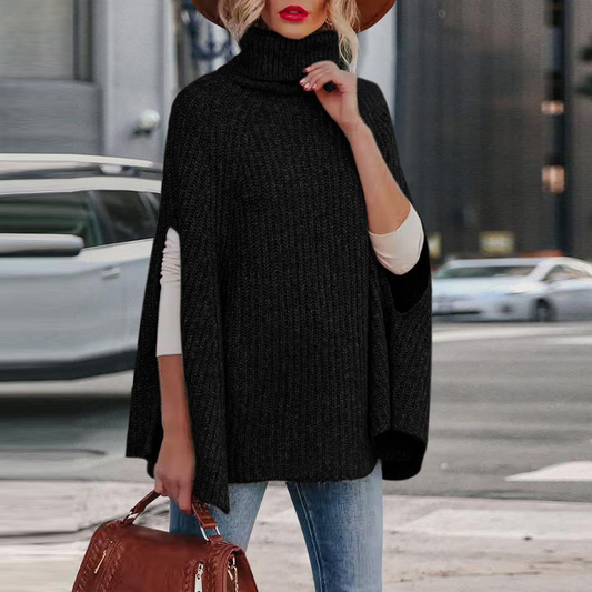 Cape en maille femme – Coupe ample – Col montant – Fentes bras – Toucher laine
