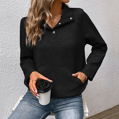 Sweatshirt femme – Coupe décontractée – Col montant à boutons – Tissu matelassé