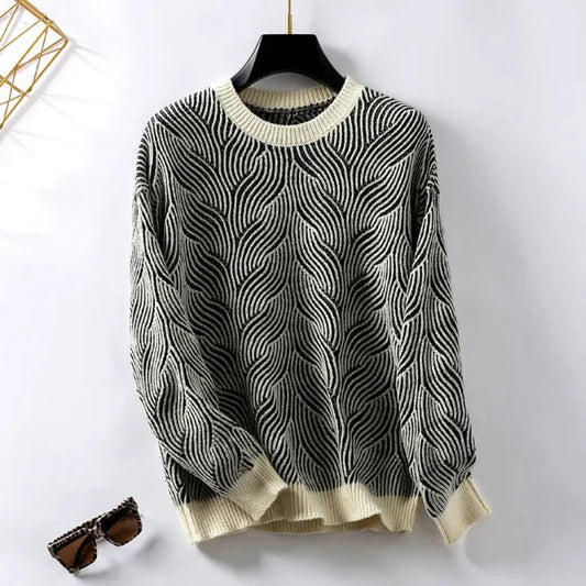 Pull Femme – Maille Laine – Coupe Ample – Col Rond – Rayures Ondulées