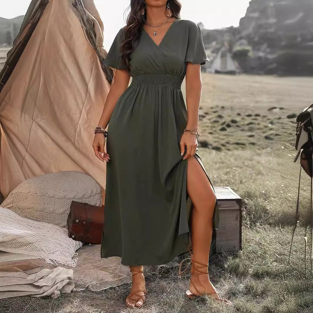 Robe longue femme – Coupe ajustée – Col en V – Manches évasées – Taille élastique – Fente élégante