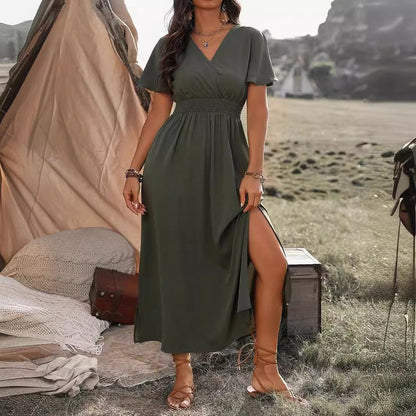Robe longue femme – Coupe ajustée – Col en V – Manches évasées – Taille élastique – Fente élégante