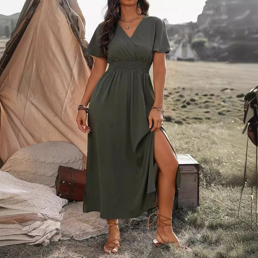 Robe longue femme – Coupe ajustée – Col en V – Manches évasées – Taille élastique – Fente élégante