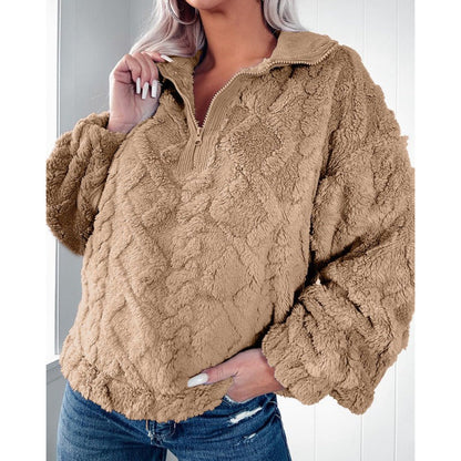Sweatshirt femme – Coupe oversize – Molleton doux – Col montant demi-zip