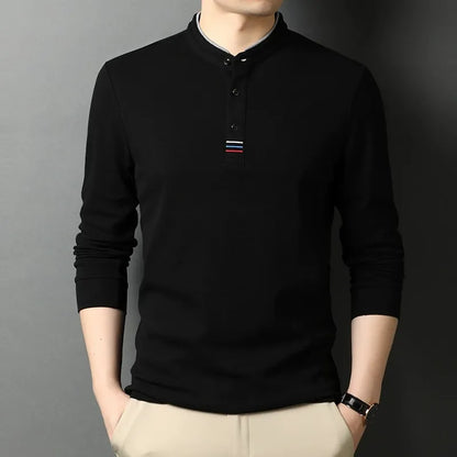 T-shirt manches longues homme – Coton – Coupe régulière – Col montant – Patte boutonnée