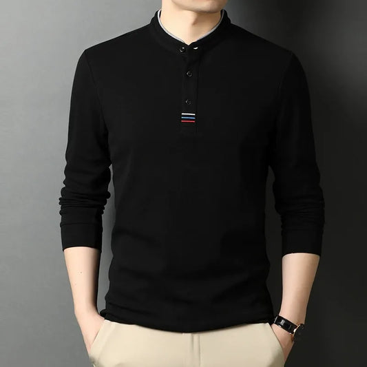 T-shirt manches longues homme – Coton – Coupe régulière – Col montant – Patte boutonnée