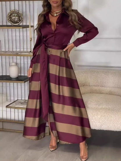 Robe longue femme – Coupe évasée élégante – Boutonnée – Ceinture taille – Finition satinée