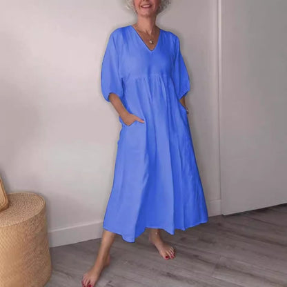 Robe midi femme – Lin et coton – Coupe ample – Col V profond – Manches retroussées – Poches
