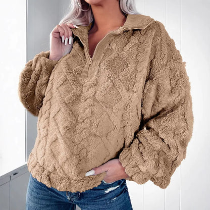 Pull femme – Coupe décontractée – Effet fourrure doux – Motif matelassé – Demi-zip