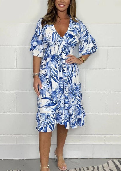 Robe Midi Femme – Coupe Ample – Taille Haute – Imprimé Botanique – Manches Volants